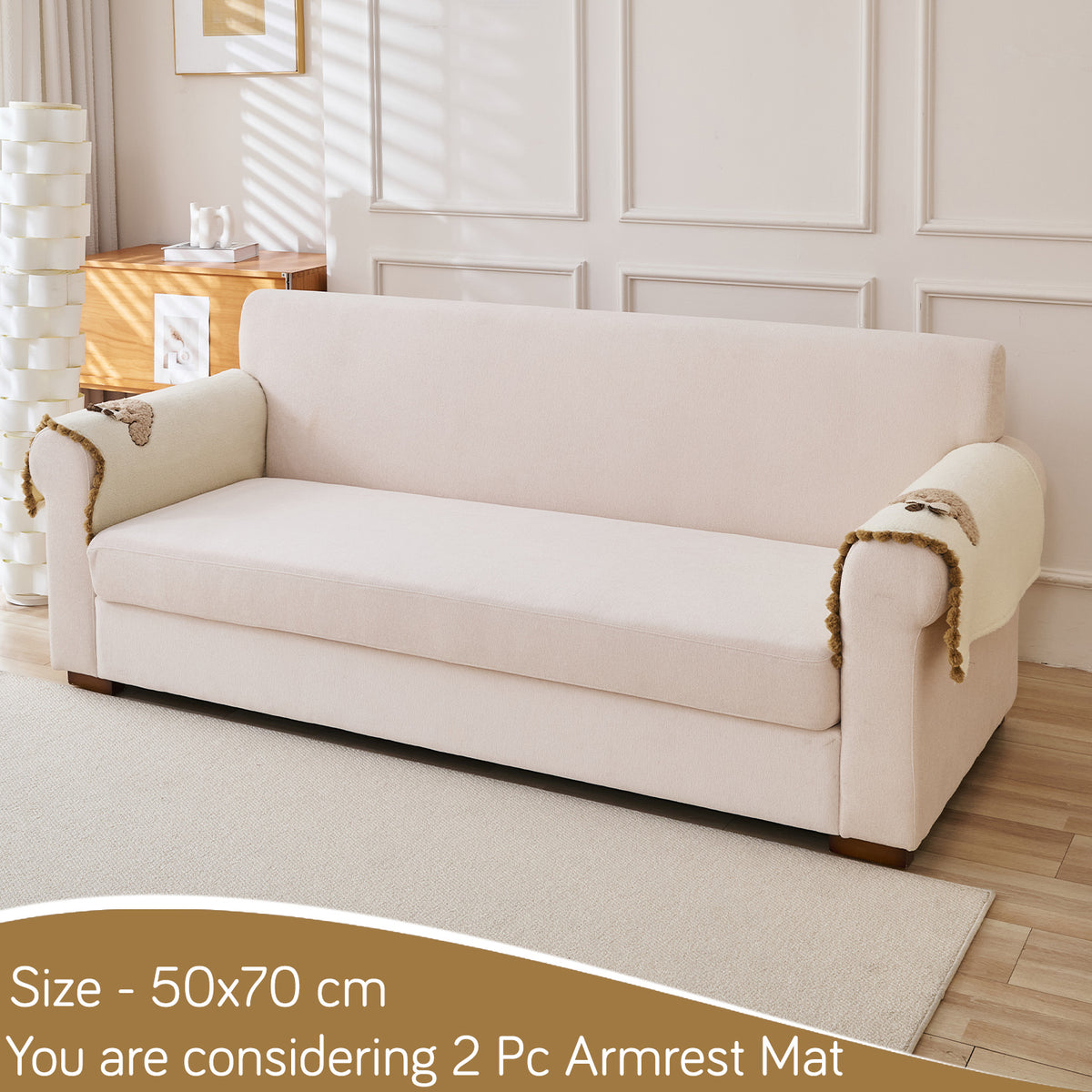 CloudHug Plush Sofa Cover Mat with PomPom and Wavy Edges, Ivory Cream