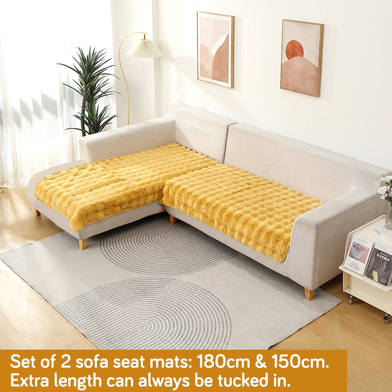 Premium Faux Rabbit Fur Sofa Mat for L Shape Sofa (3+2 Seater), Honey Yellow