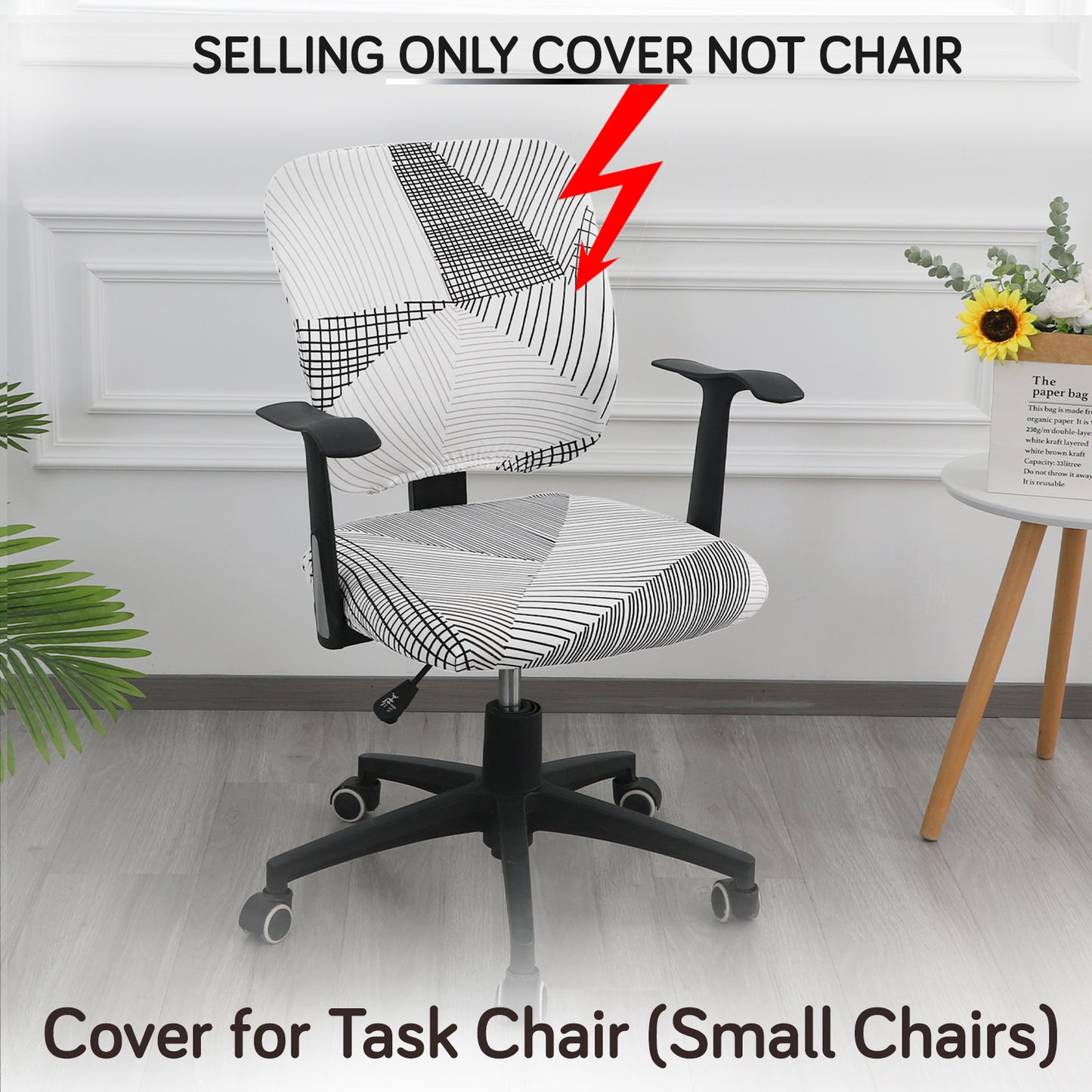 Printed Office Chair Cover for Task Chair – 140 GSM Stretchable Fabric – Washable & Anti-Slip – Fits Small Office Chairs Without Headrest, Snow White Black Geometry