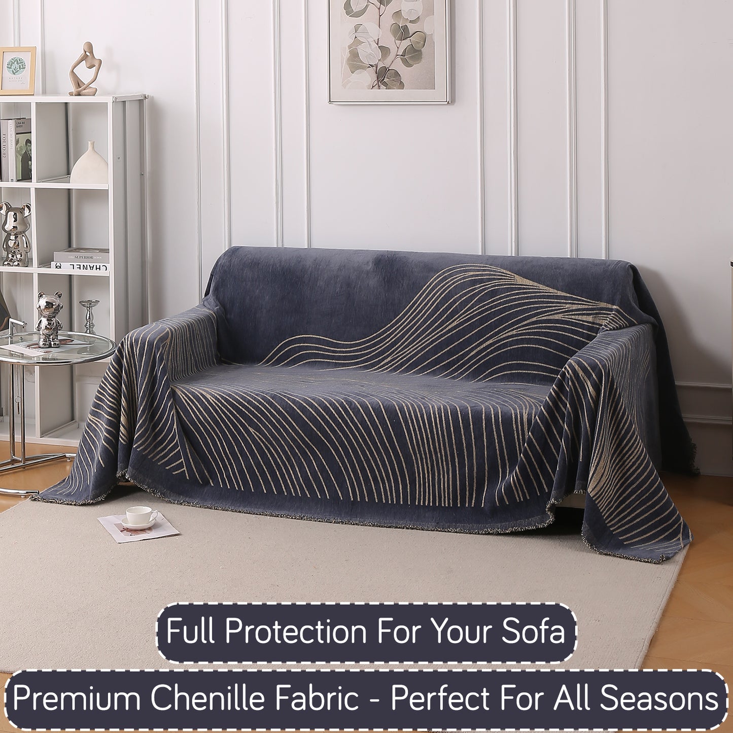 WaveLoom Collection Printed Chenille Sofa Cover Throw Blanket, Dark Grey