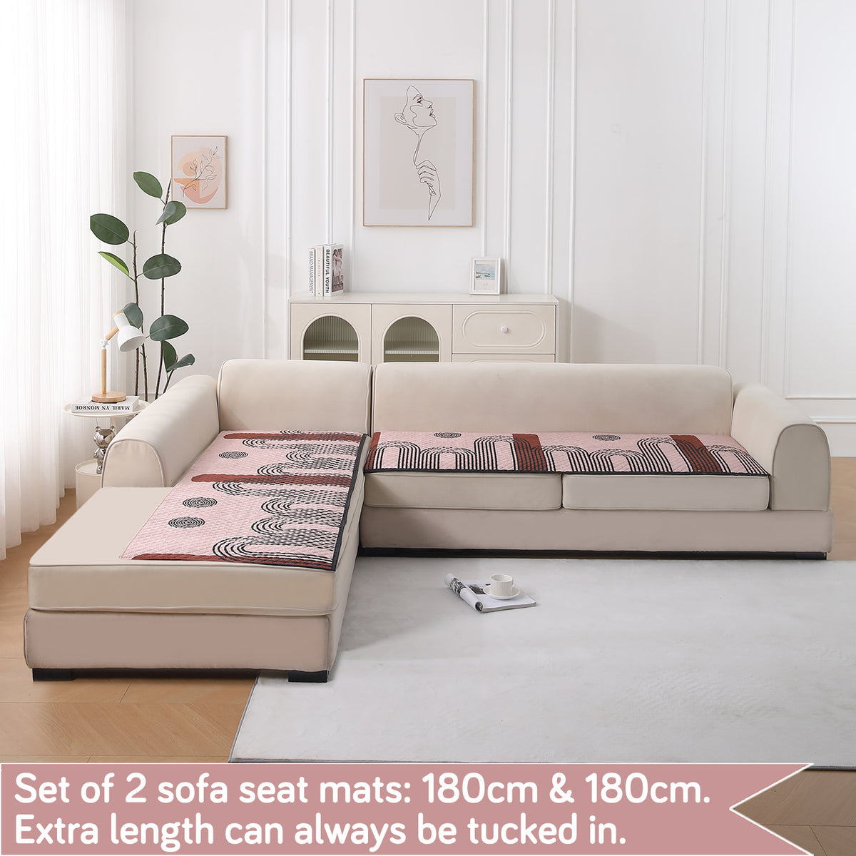 LiefNest Printed Holland Velvet L Shape Sofa Seat Mat with Foam Filling - Modern Archscape Mauve Blush