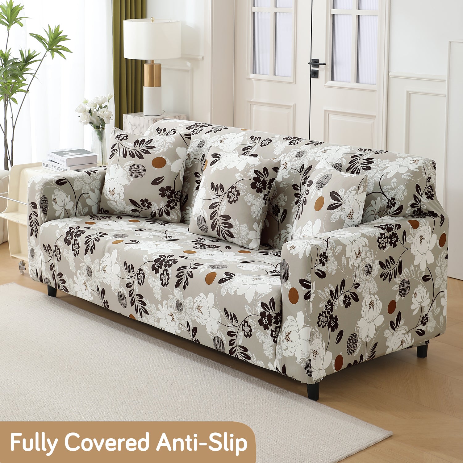 Feather Brown Floral Colour non slip elastic 3 seater sofa cover​s