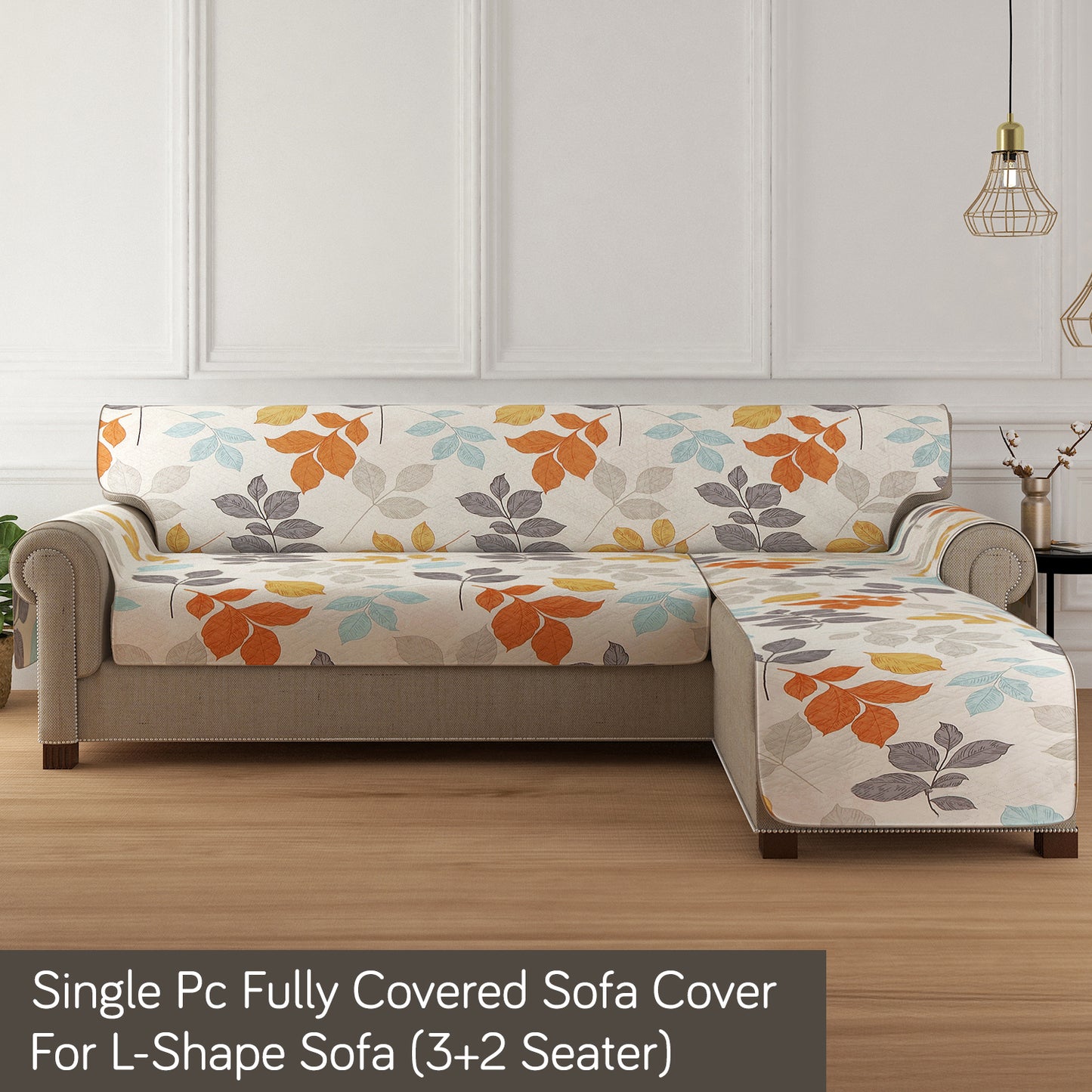 HomeHues Series Quilted Sofa Cover with Secure Fit Belt for L Shape sofa, Multicolor Leaves