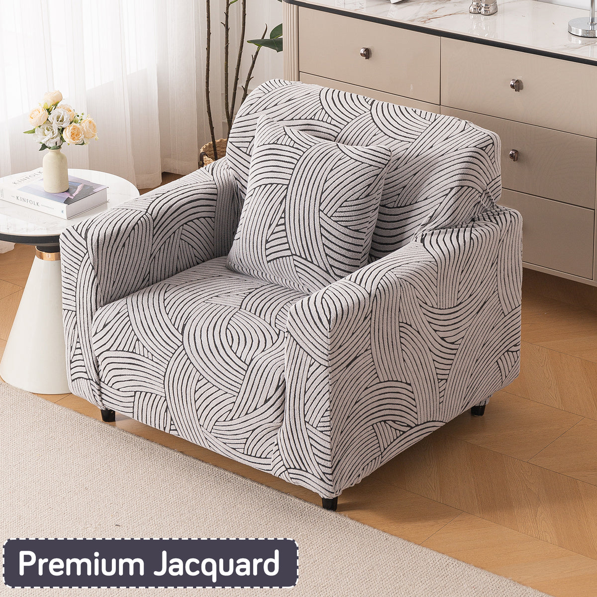 Buy classic white colour waveline series jacquard 1 seater sofa cover​ (cushion cover)