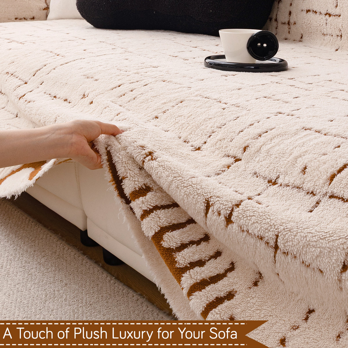 Buy Cream Brown Colour Supple Soft Wavy Plush Sofa Throw | HOKIPO
