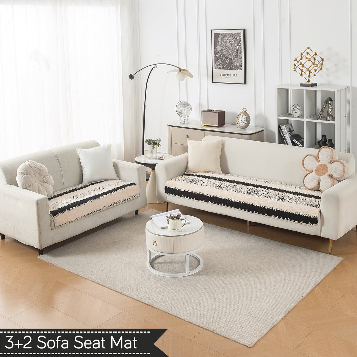 Luxury Plush Sherpa Anti Slip Combination Sofa Mat, 'Noirea Series'|Textured Stripe