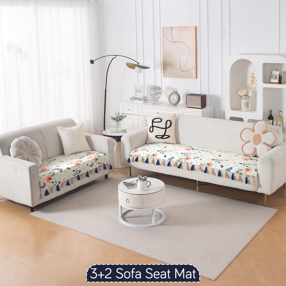 'Whispers of Nature' Series Holland Velvet Sofa Seat Mat with Tassel, Pastel Butterfly Meadow