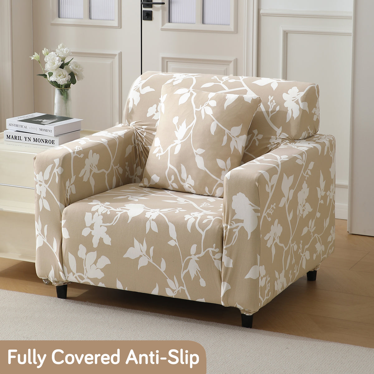Buff brown silhouette floral print non slip elastic 1 seater sofa cover​ 

