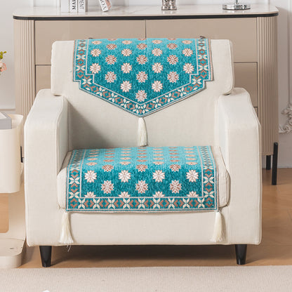 Heritage Weave Premium Jacquard Sofa Cover Set with Tassels - Emerald Teal