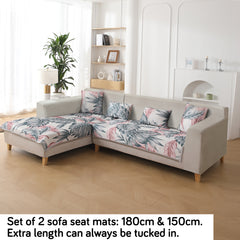 Premium Printed Ice Silk Sofa Mat for 3 Seater and 2 Seater Sofa (L Shape), Castleton Green Tropical Leaves