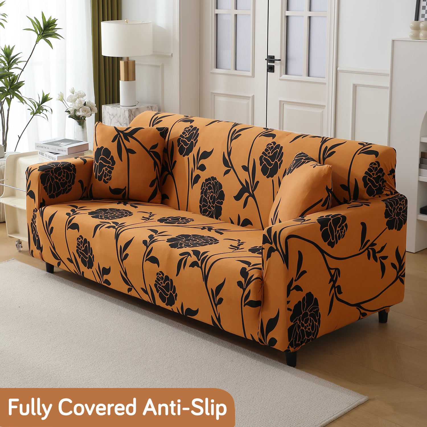 Copper Brown Floral Printed non slip modern elastic 2 seater sofa cover