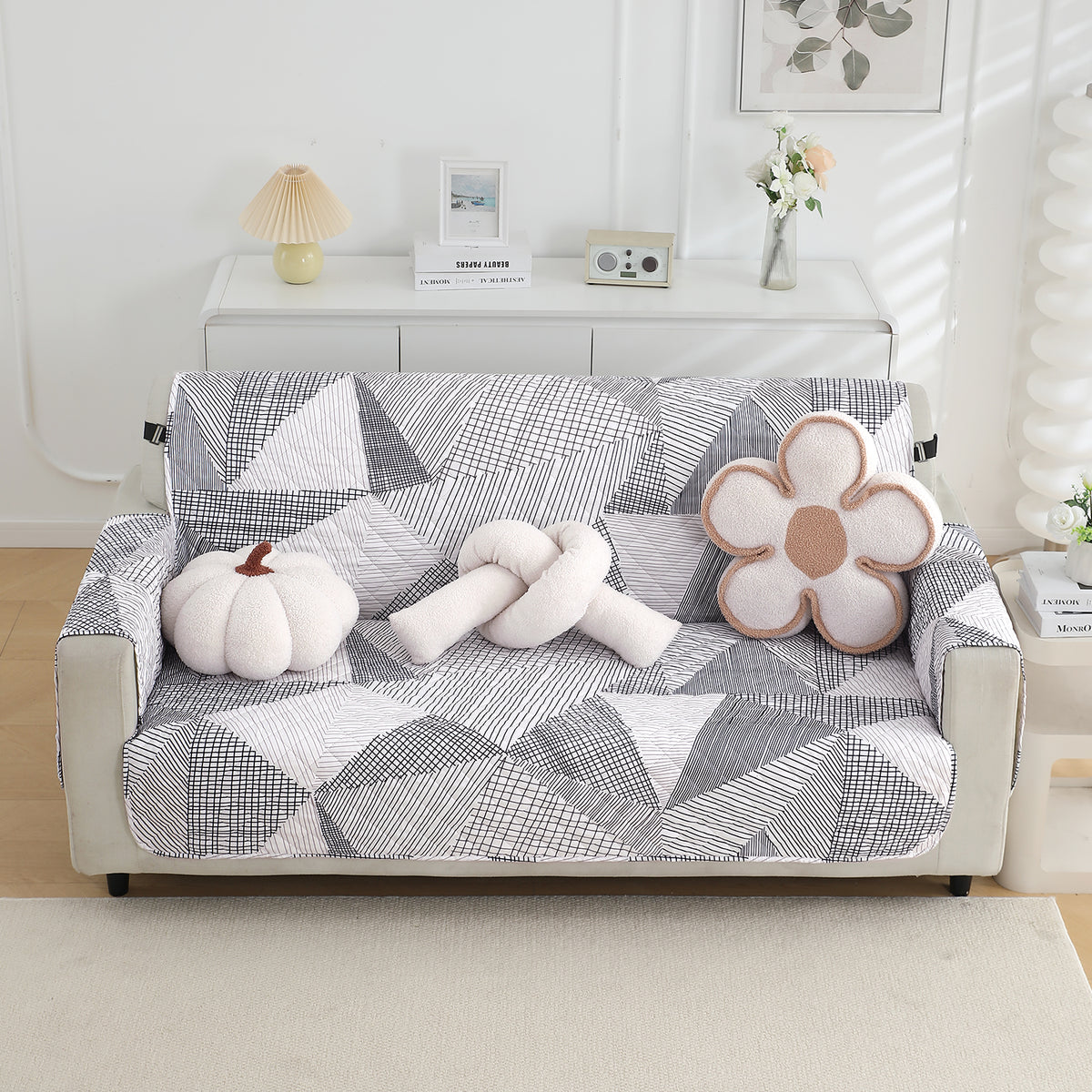 Waterproof & Quick-Dry Quilted Sofa Cover with Pockets on Armrest, Snow White Black Geometry