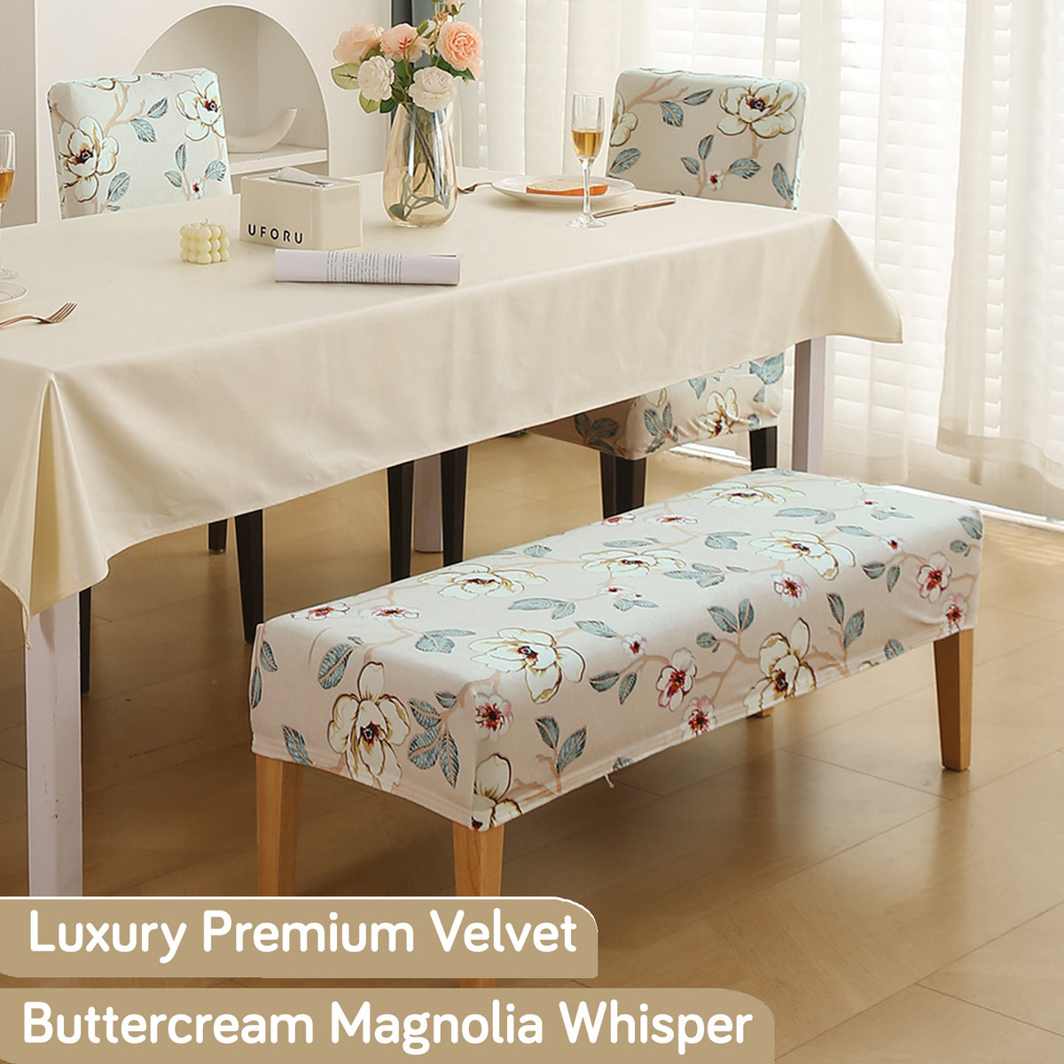Premium Velvet Cover Set for 4 Dining Chairs + 1 Dining Bench, Buttercream Magnolia Whisper