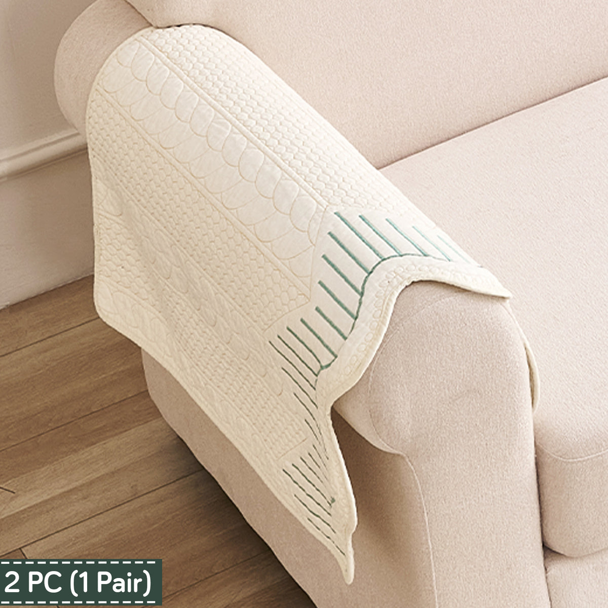 Cotton Reverie with a Curved Wavy Edge Sofa Mat, Greenish Cream