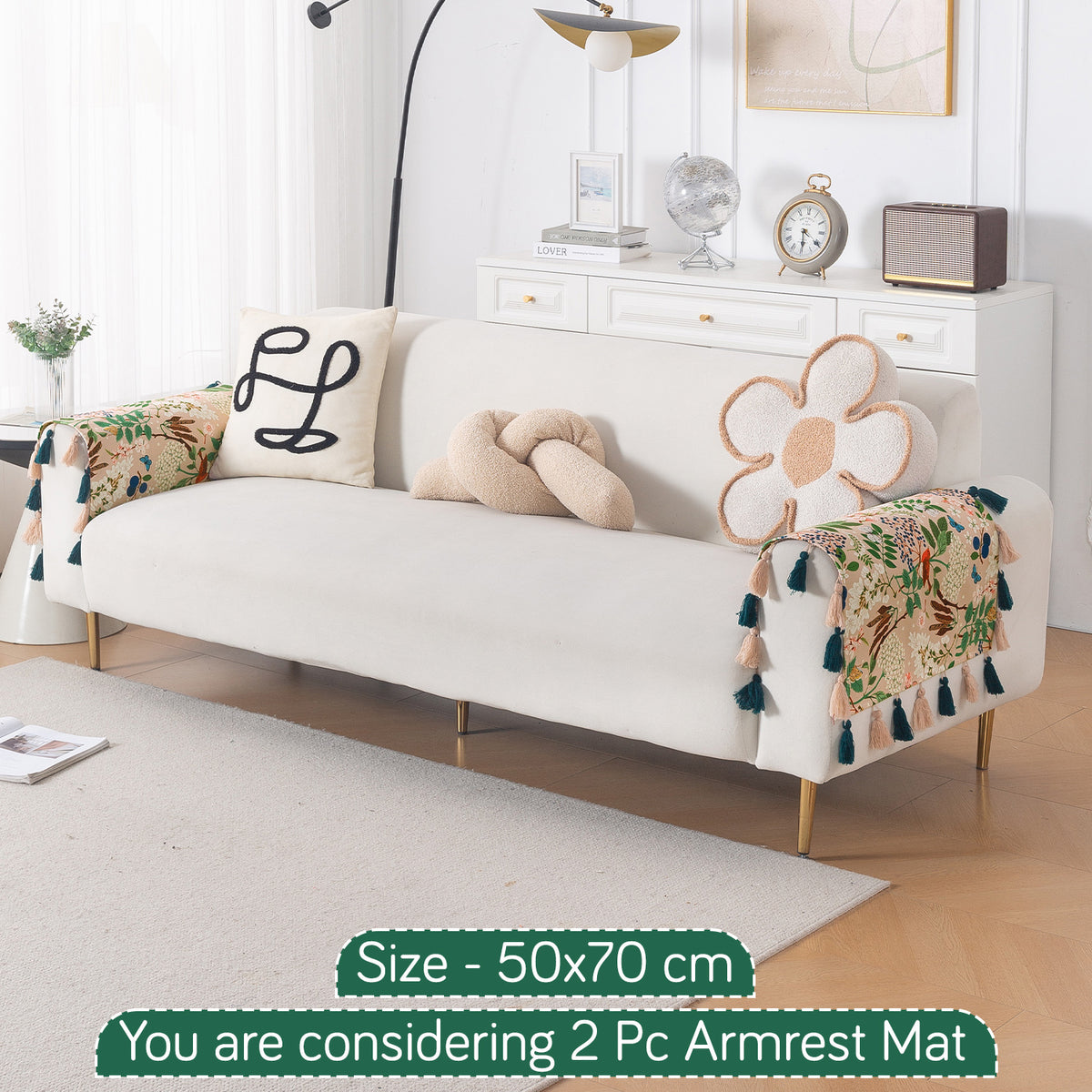 'Whispers of Nature' Series Holland Velvet Sofa Cover with Tassel, Beige Woodland Bloom