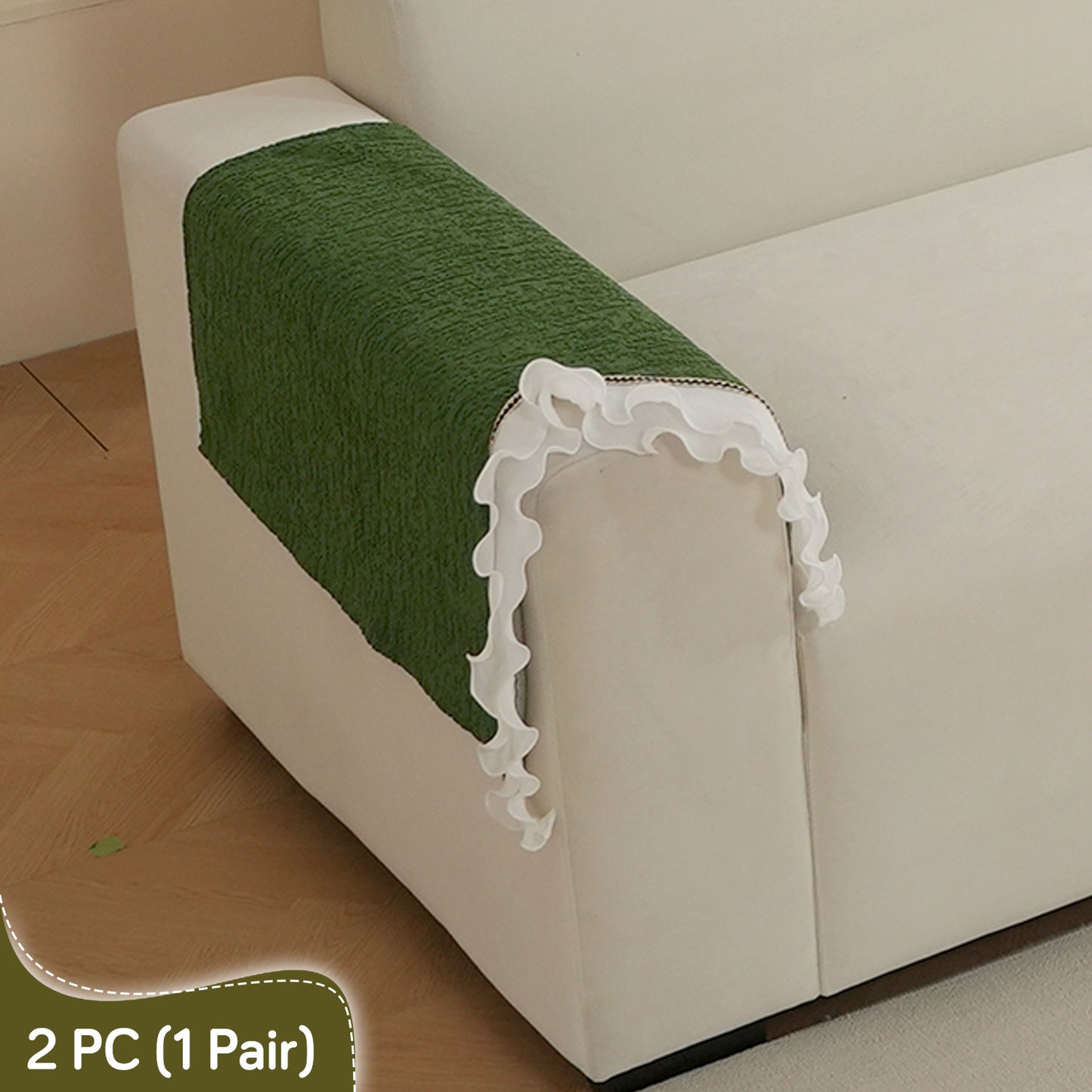 French Classic Frill Wavy Sofa Cover Mat, Dark Olive Green