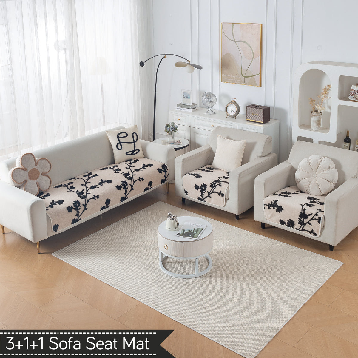 Luxury Plush Sherpa Anti Slip Combination Sofa Mat, 'Noirea Series'|Botanical Vine
