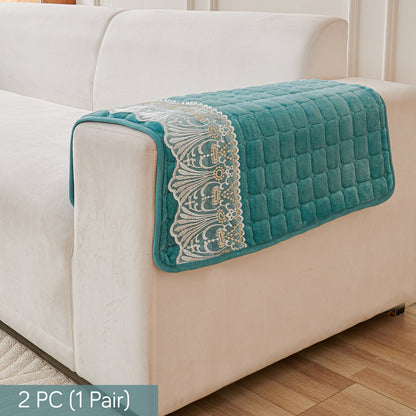 BelleLace Series Imperial Milk Velvet Sofa Cover Mat with Lace Design - Teal