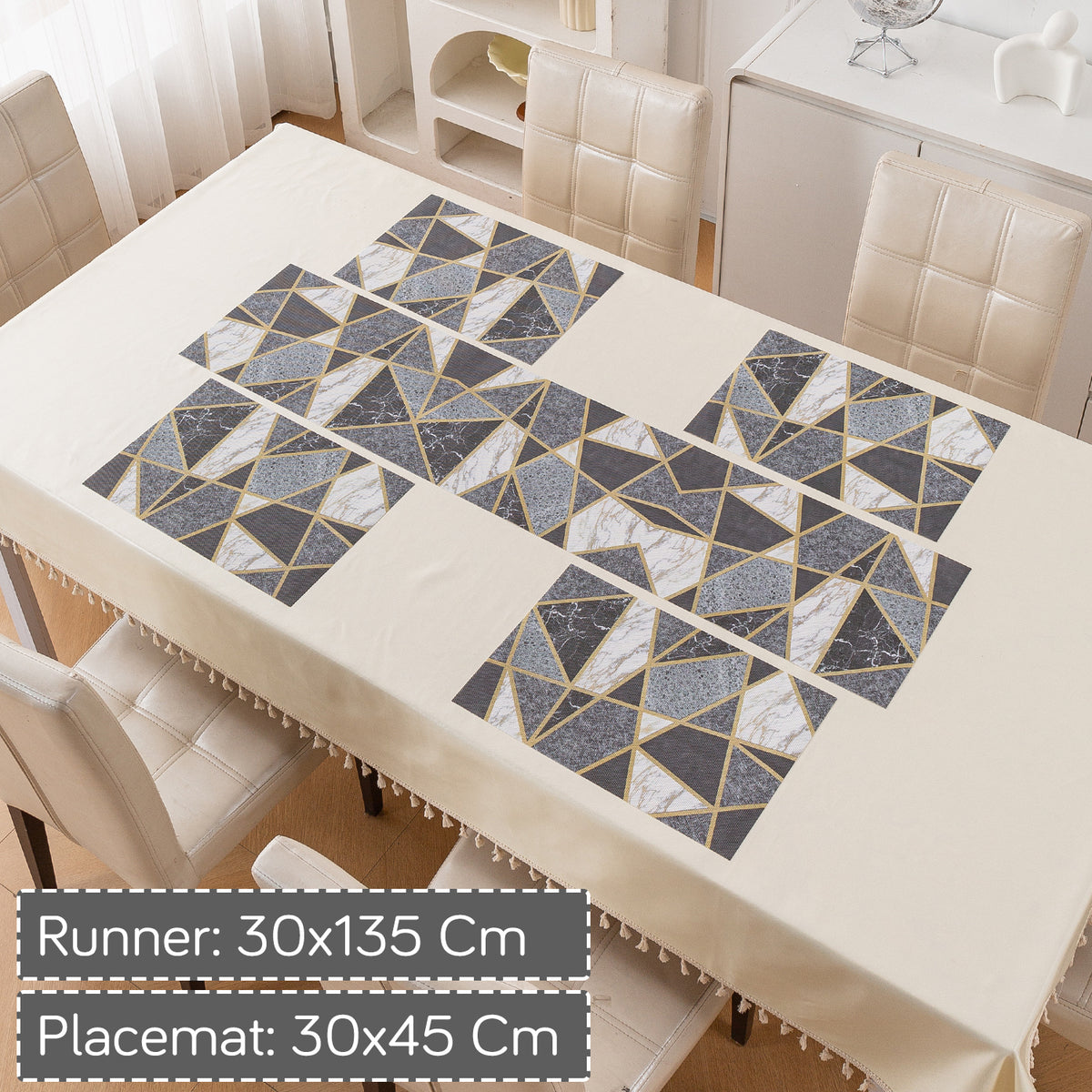 Marble Fusion PVC Mats for Dining Table, Geo Triangles - Charcoal Grey