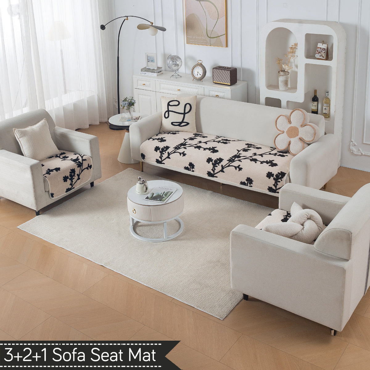 Luxury Plush Sherpa Anti Slip Combination Sofa Mat, 'Noirea Series'|Botanical Vine