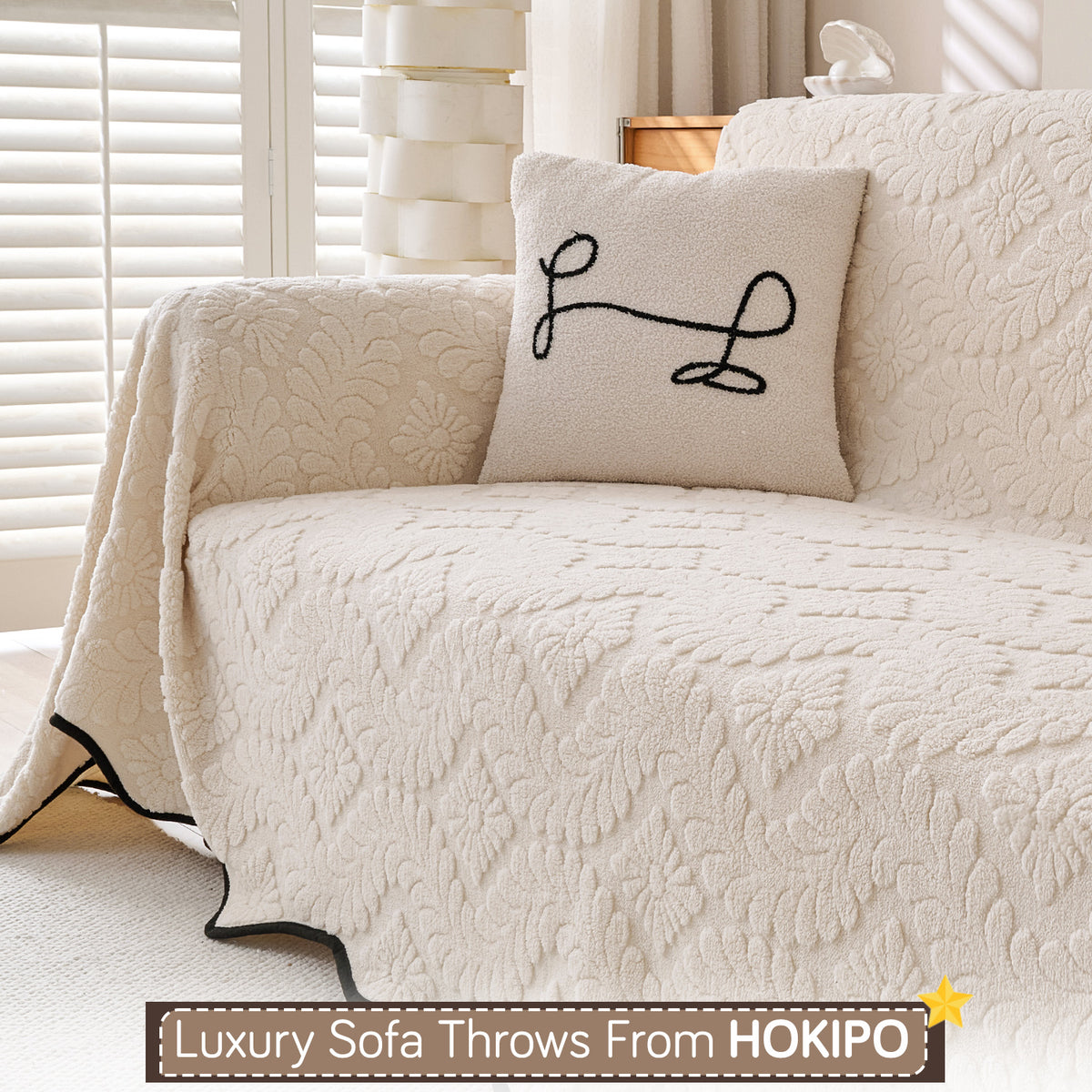 Buy Premium Light Cream Colour Wavy Petal Crest Series Plush Sofa Throw – 3 Seater Sofas | HOKIPO