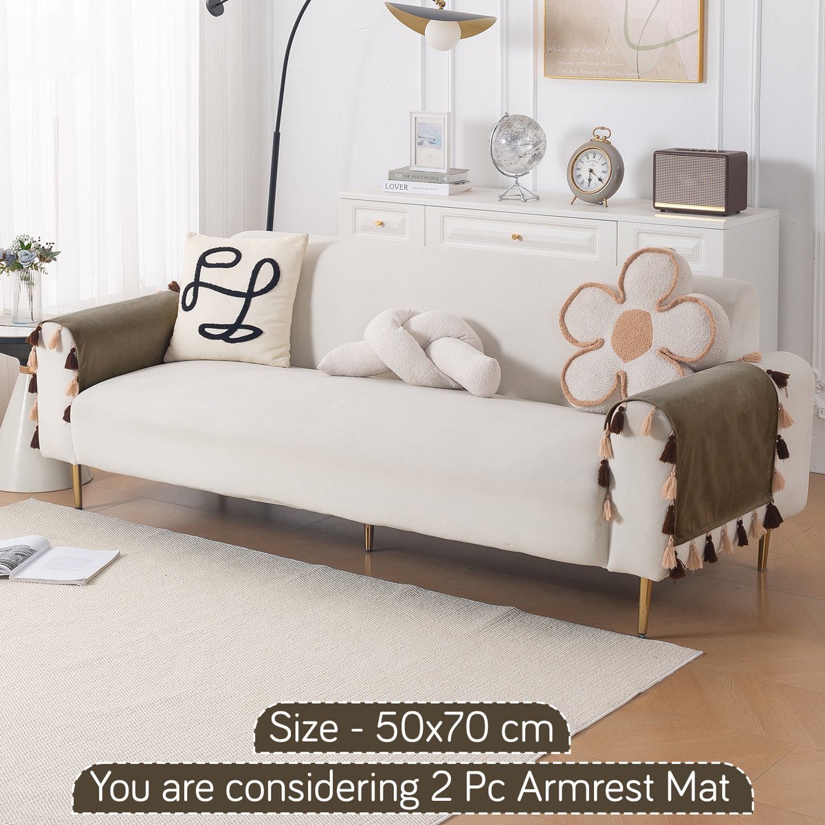 Tassel Tone Holland Velvet Sofa Cover Mat, Coffee Brown