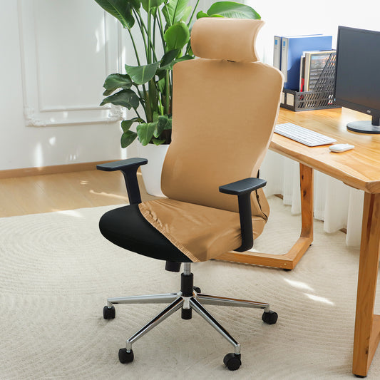 Office Chair Cover with Headrest (High-Back) – 140 GSM Stretch Fabric – Washable, Anti-Slip Fit for Ergonomic Mesh Office Chairs, Camel