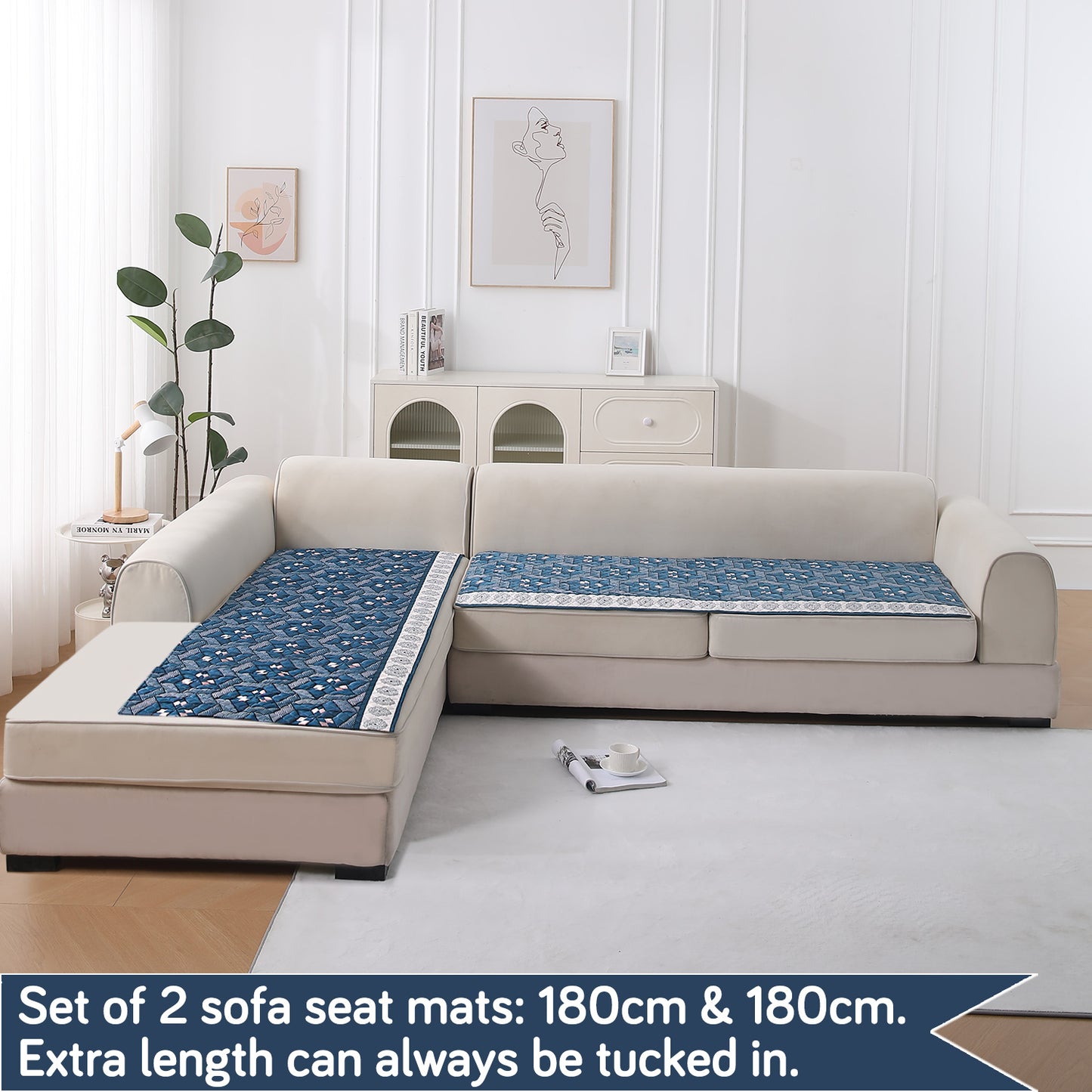 LiefNest Printed Holland Velvet L Shape Sofa Seat Mat with Foam Filling - Geometric Floral Oriental Blue