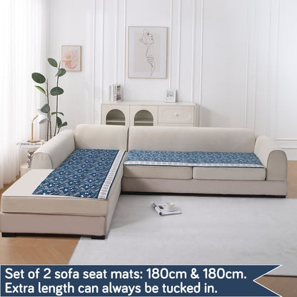 LiefNest Printed Holland Velvet L Shape Sofa Seat Mat with Foam Filling - Geometric Floral Oriental Blue