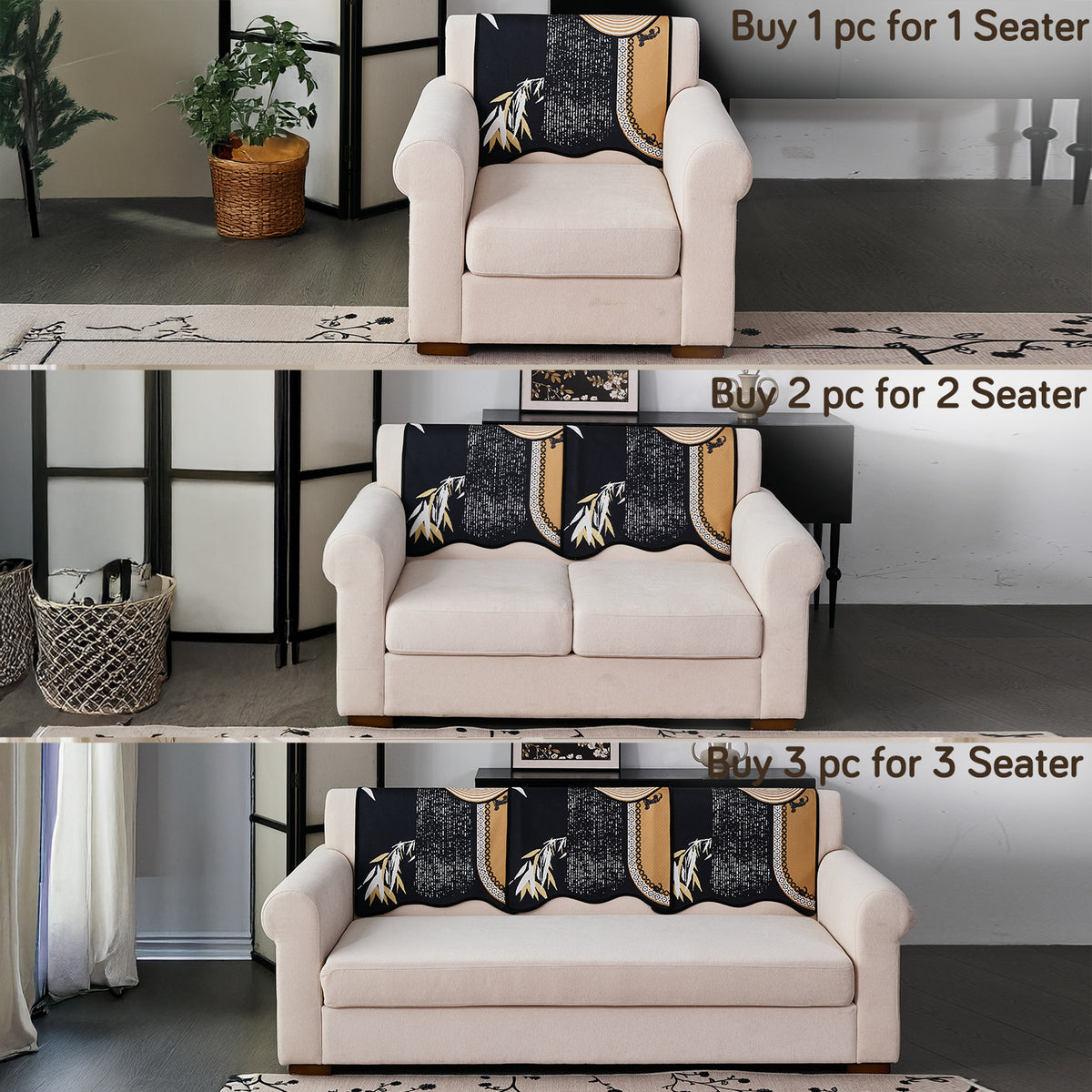 Arcea Chenille With Curved Edges Sofa Cover Mat, Mustard Gold Tribal