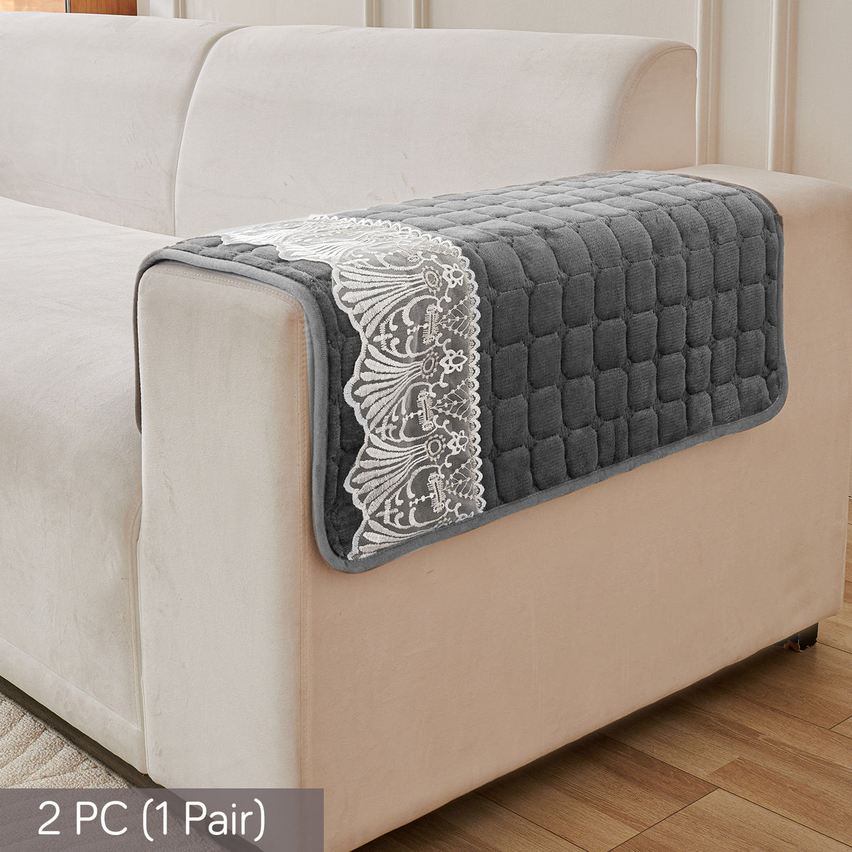 BelleLace Series Imperial Milk Velvet Sofa Cover Mat with Lace Design - Porpoise Grey