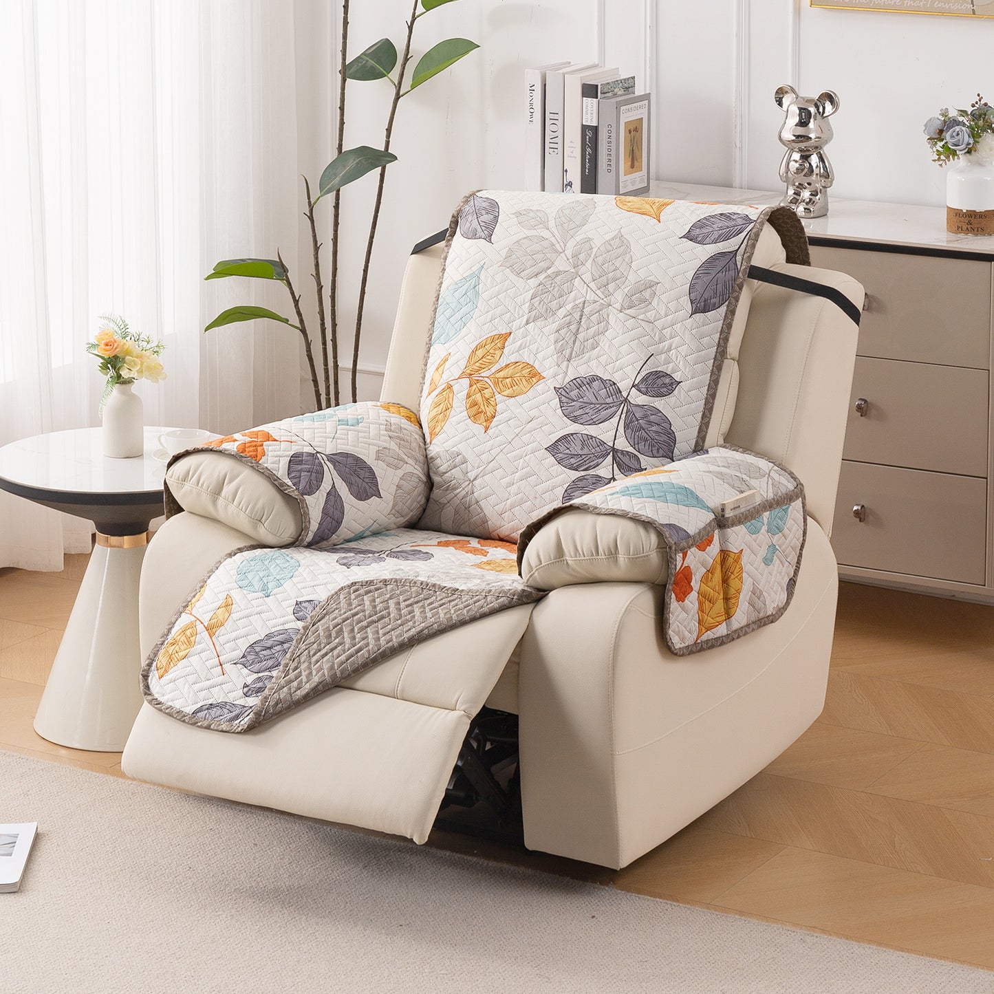 Quilted Cover for Recliner Sofa with SecureFit Belt & Side Pocket, Multicolor Leaves