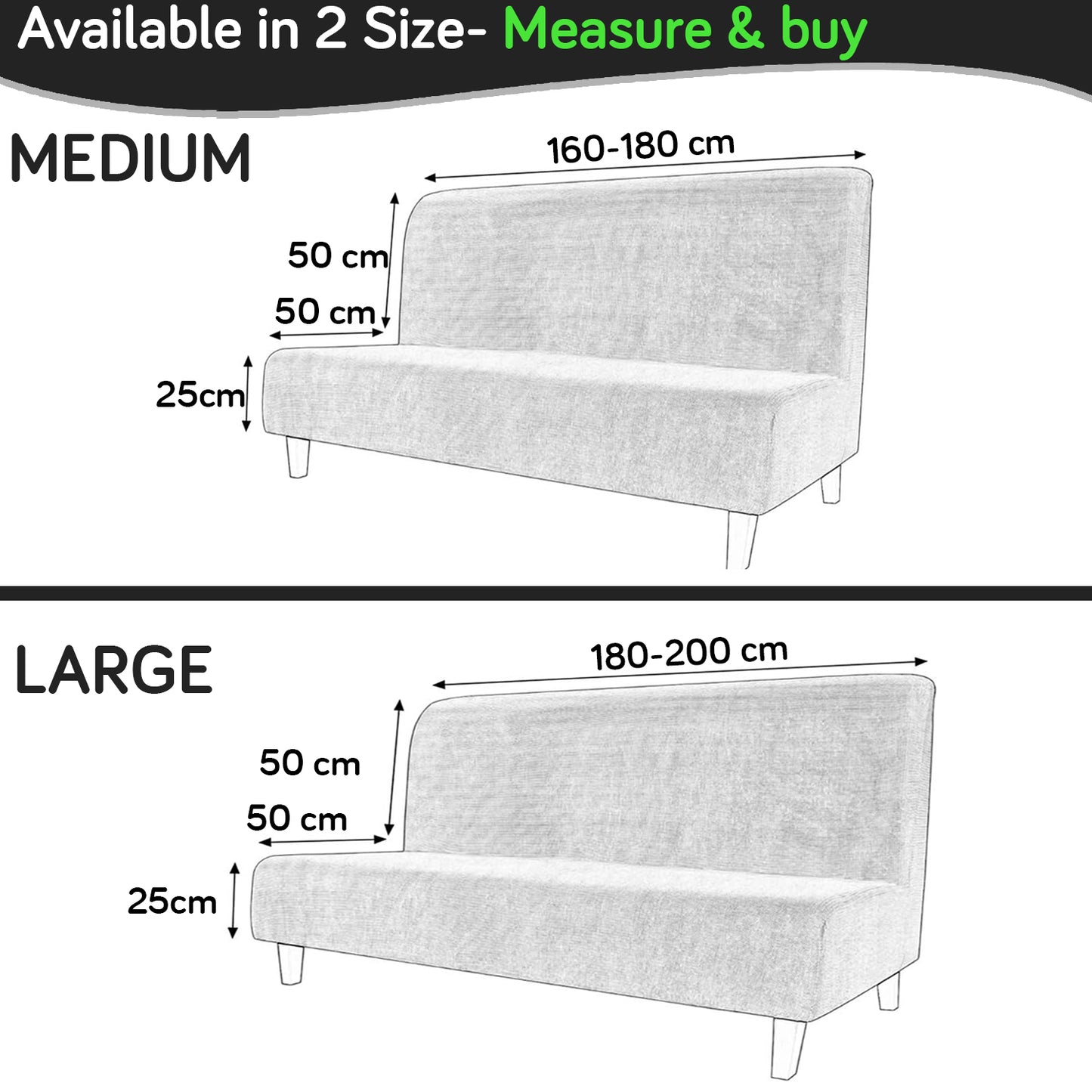 SereneSolids Stretchable Elastic Armless Sofa Cover – 140 GSM, Futon Slipcover, Easy Fit, Black