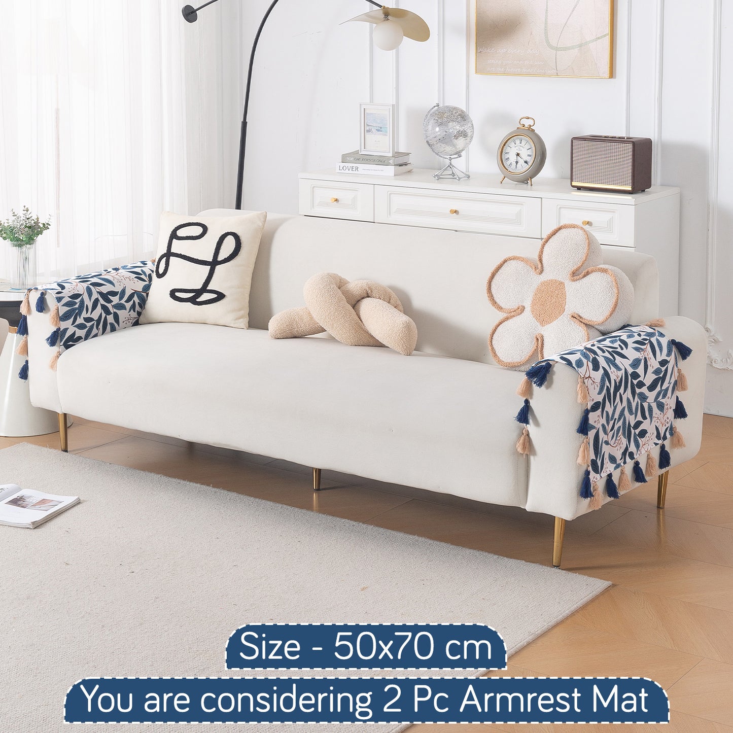 'Whispers of Nature' Series Holland Velvet Sofa Cover with Tassel, Indigo Foliage