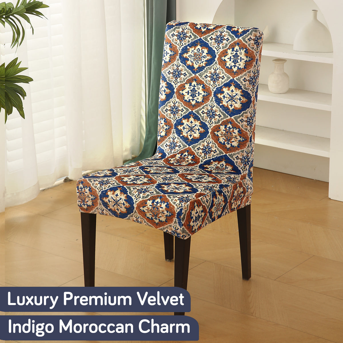 Premium Printed Velvet Dining Chair Cover Set, Indigo Moroccan Charm