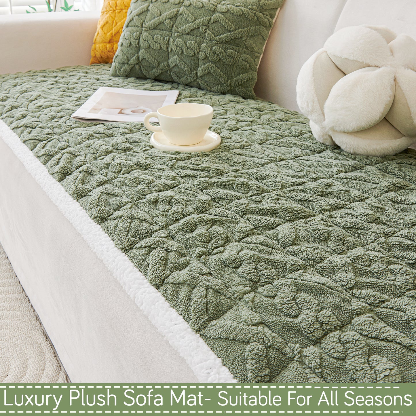 'Italian Caelora' Luxury Jacquard Plush Sofa Cover Mat and Anti-Slip Armrest Covers - Sage Green