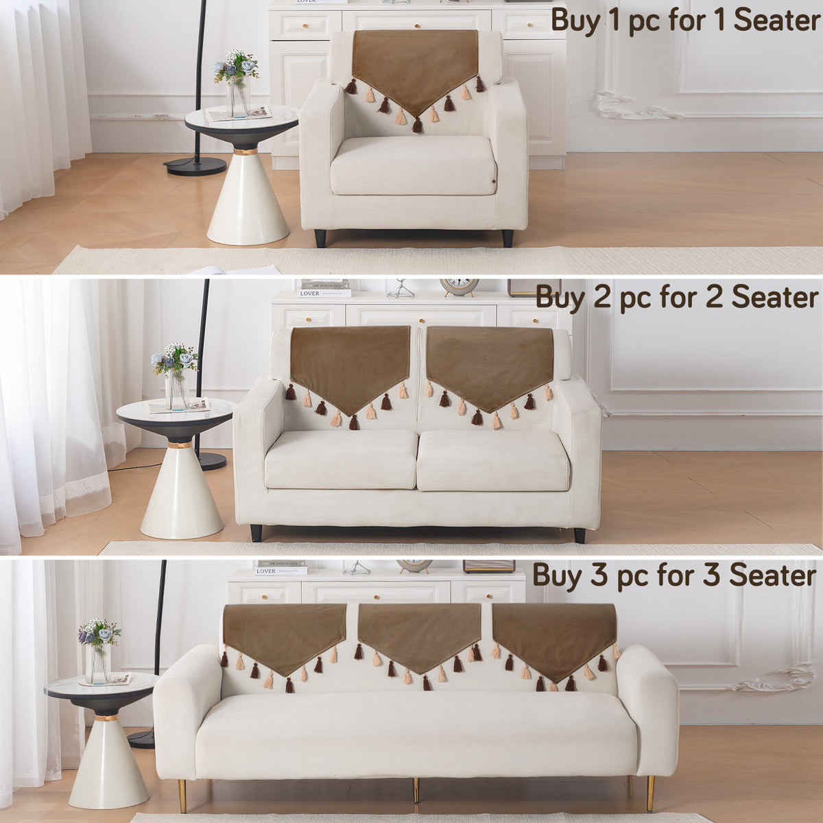Tassel Tone Holland Velvet Sofa Cover Mat, Warm Taupe