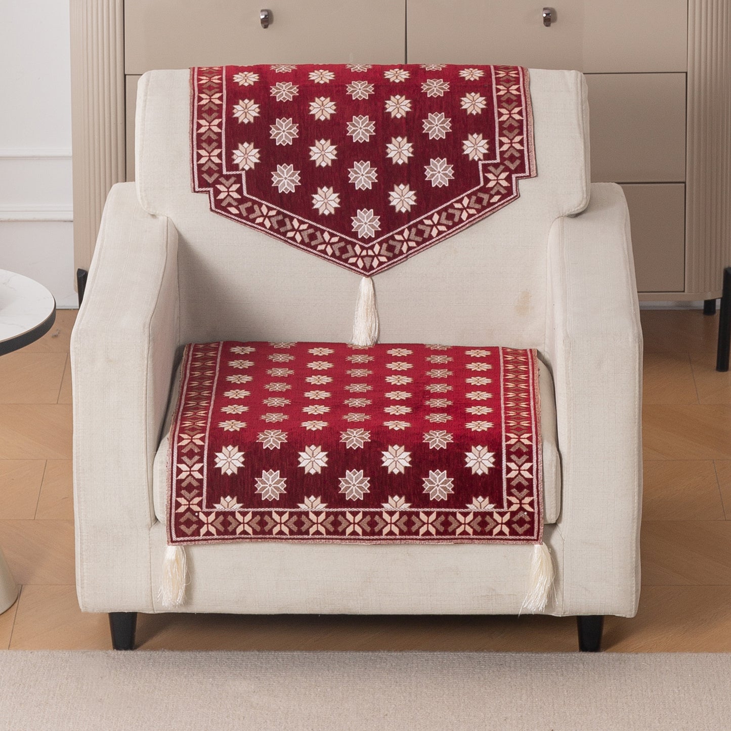 Heritage Weave Premium Jacquard Sofa Cover Set with Tassels -  Crimson Red