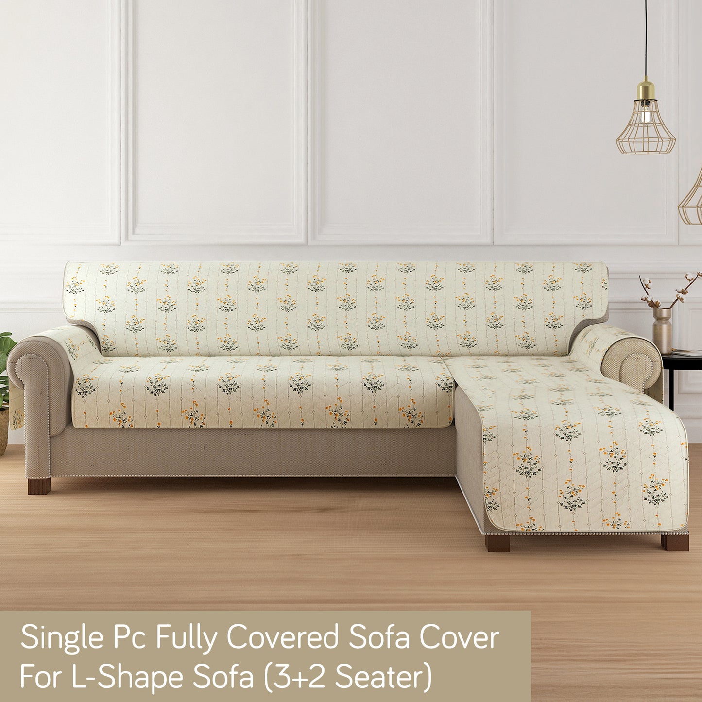 HomeHues Series Quilted Sofa Cover with Secure Fit Belt for L Shape sofa, Light Green Ash Gypsy Flower