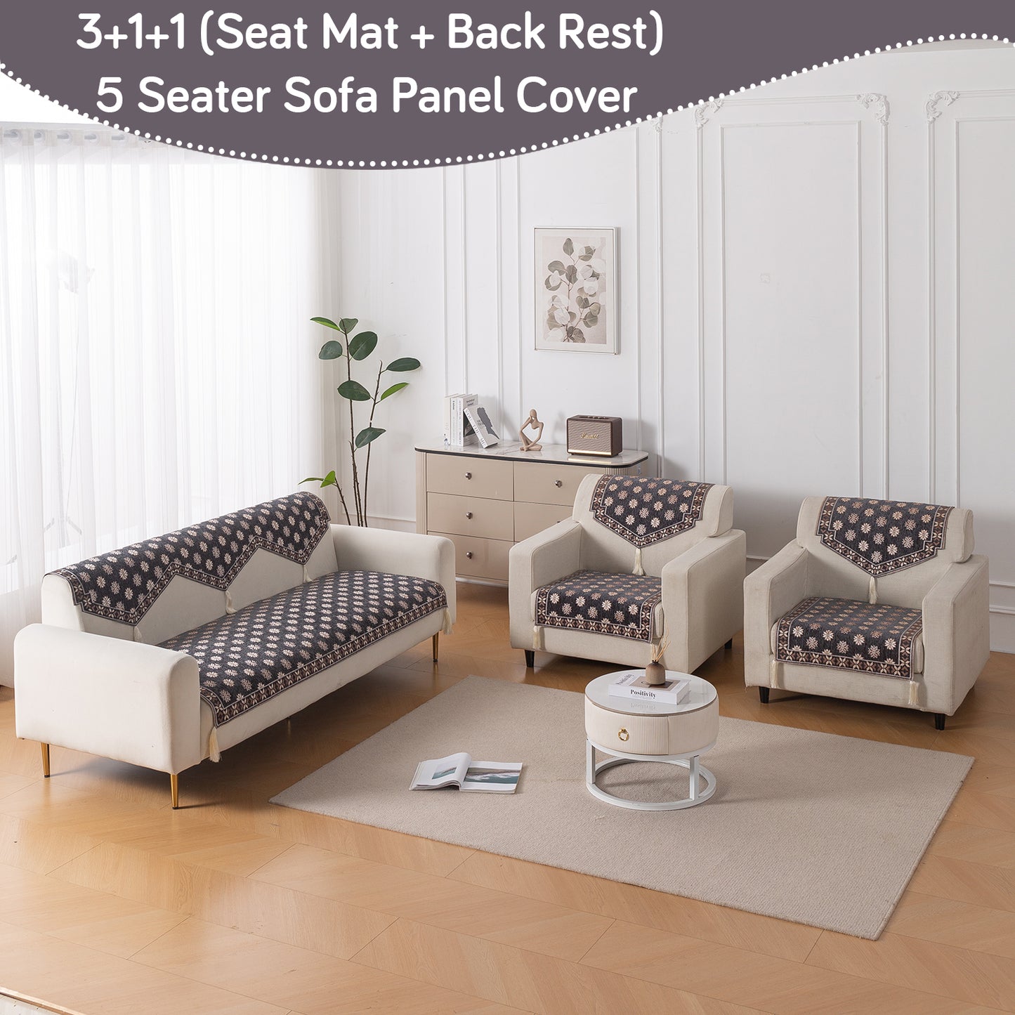 Heritage Weave Premium Jacquard Sofa Cover Set with Tassels - Graphite Grey