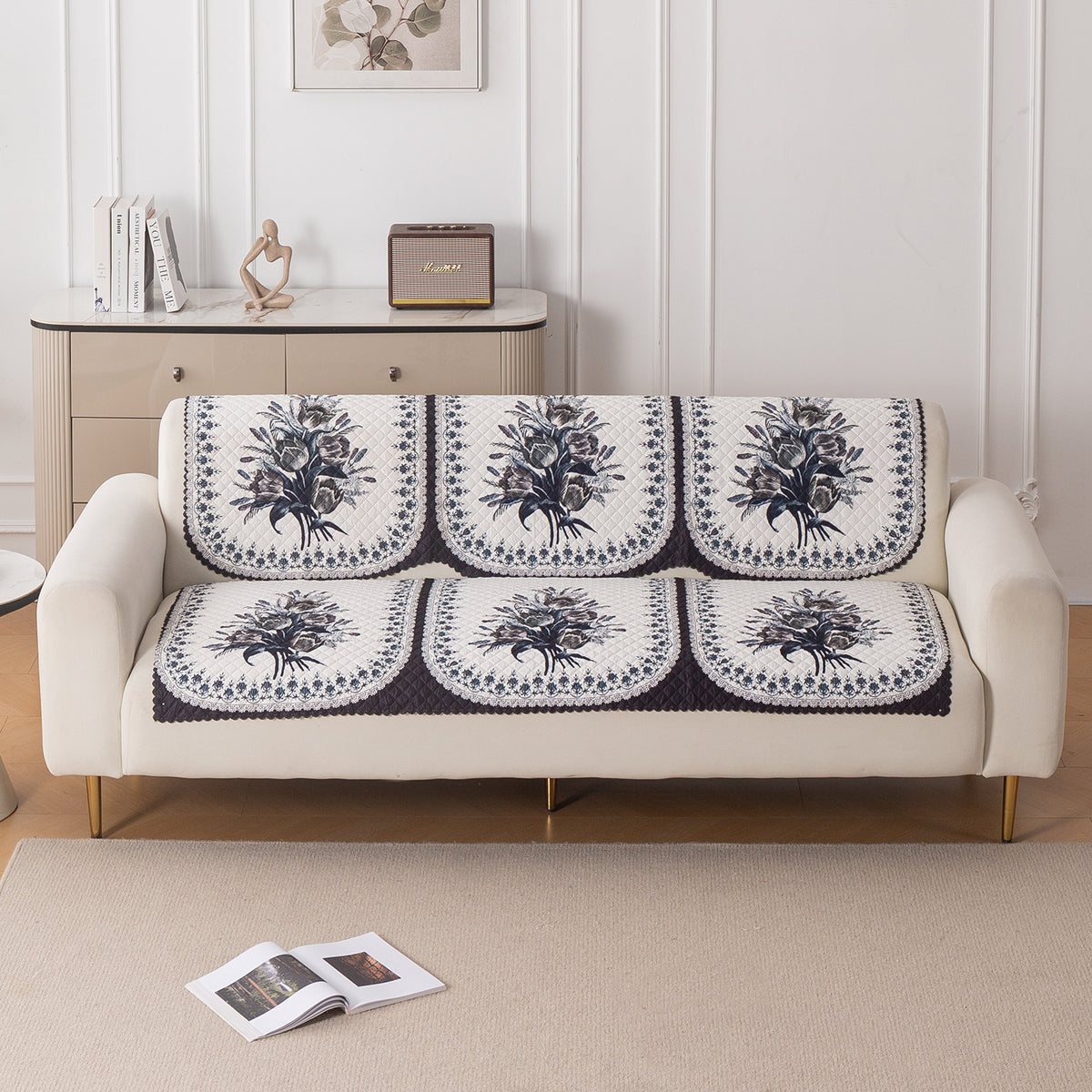 LoomVerse Quilted Sofa Cover Set Washable Sofa Panel for Seat & Back - Midnight Bloom