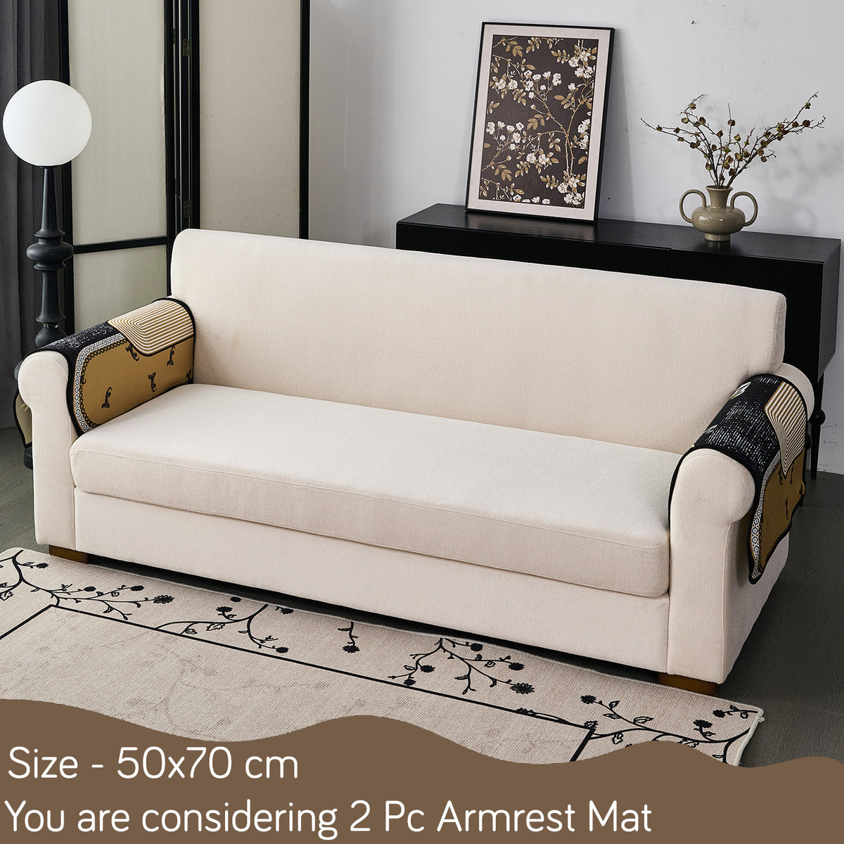 Arcea Chenille With Curved Edges Sofa Cover Mat, Mustard Gold Tribal