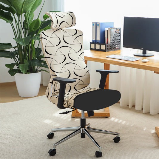 Printed Office Chair Cover with Headrest (High-Back) – 140 GSM Stretch Fabric – Washable, Anti-Slip Fit for Ergonomic Mesh Office Chairs, Natural Beige Abstract Art