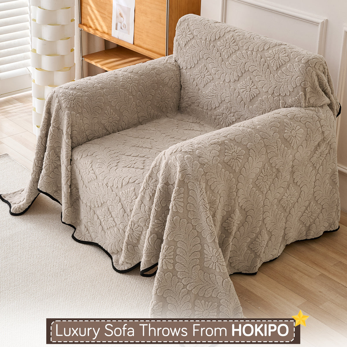 Buy Soft Brown Colour Wavy Petal Crest Series Plush Sofa Throw | HOKIPO