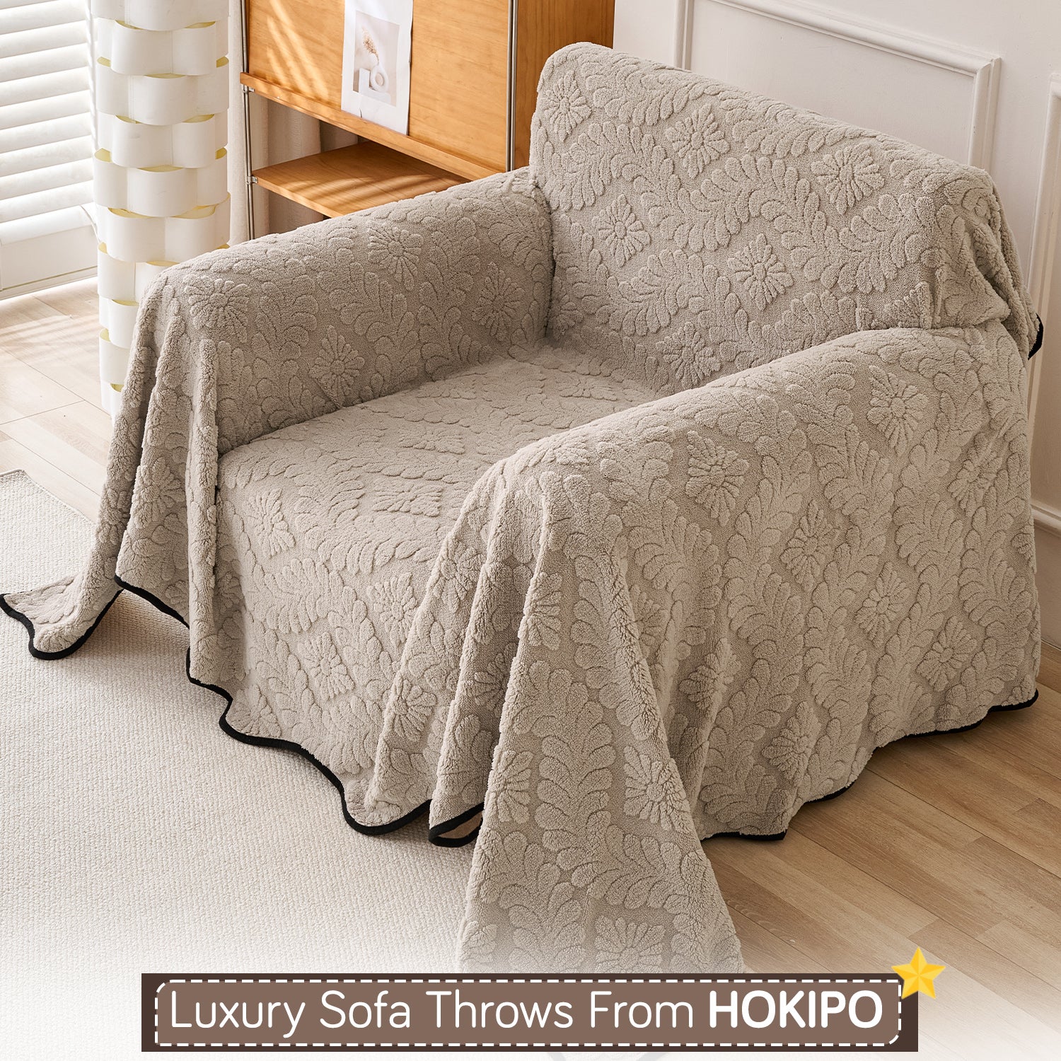 Buy Soft Brown Colour Wavy Petal Crest Series Plush Sofa Throw | HOKIPO