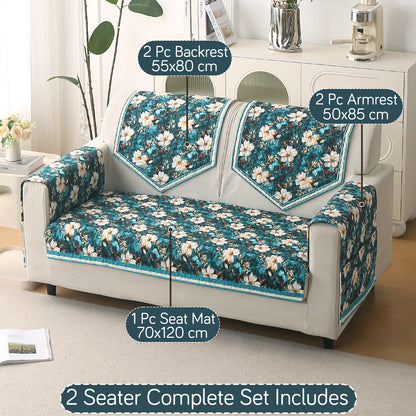 Florentina Series Printed Holland Velvet Sofa Mat - Pansies Teal