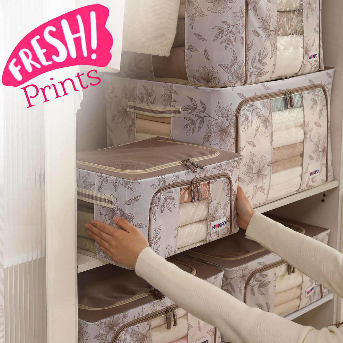 Foldable Cloth Storage Organizer for Wardrobe, Latte Floral