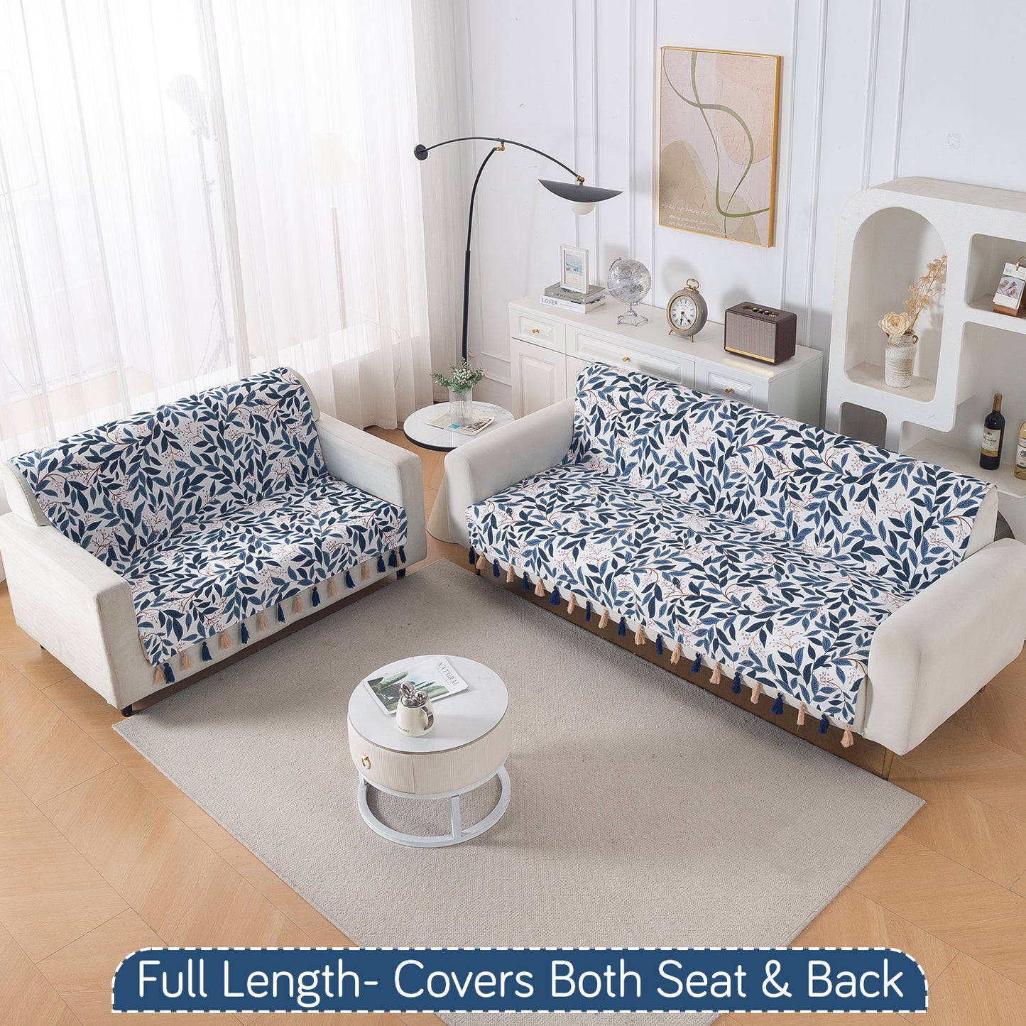 'Whispers of Nature' Series Holland Velvet Sofa Cover with Tassel, Indigo Foliage