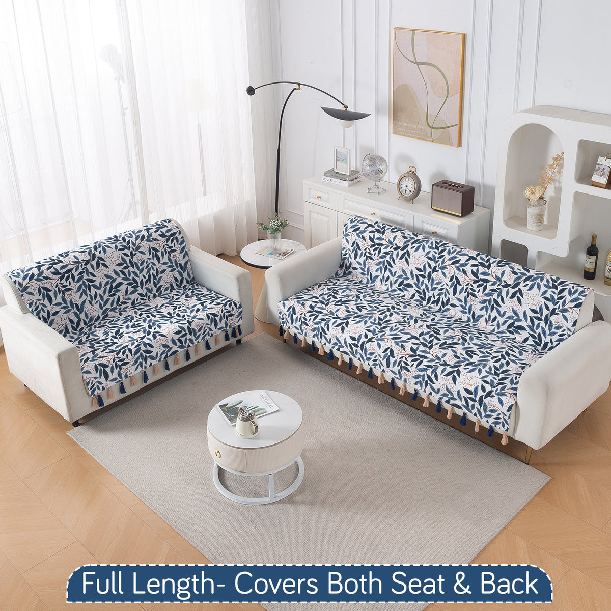 'Whispers of Nature' Series Holland Velvet Sofa Cover with Tassel, Indigo Foliage