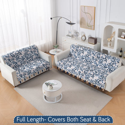 'Whispers of Nature' Series Holland Velvet Sofa Cover with Tassel, Indigo Foliage